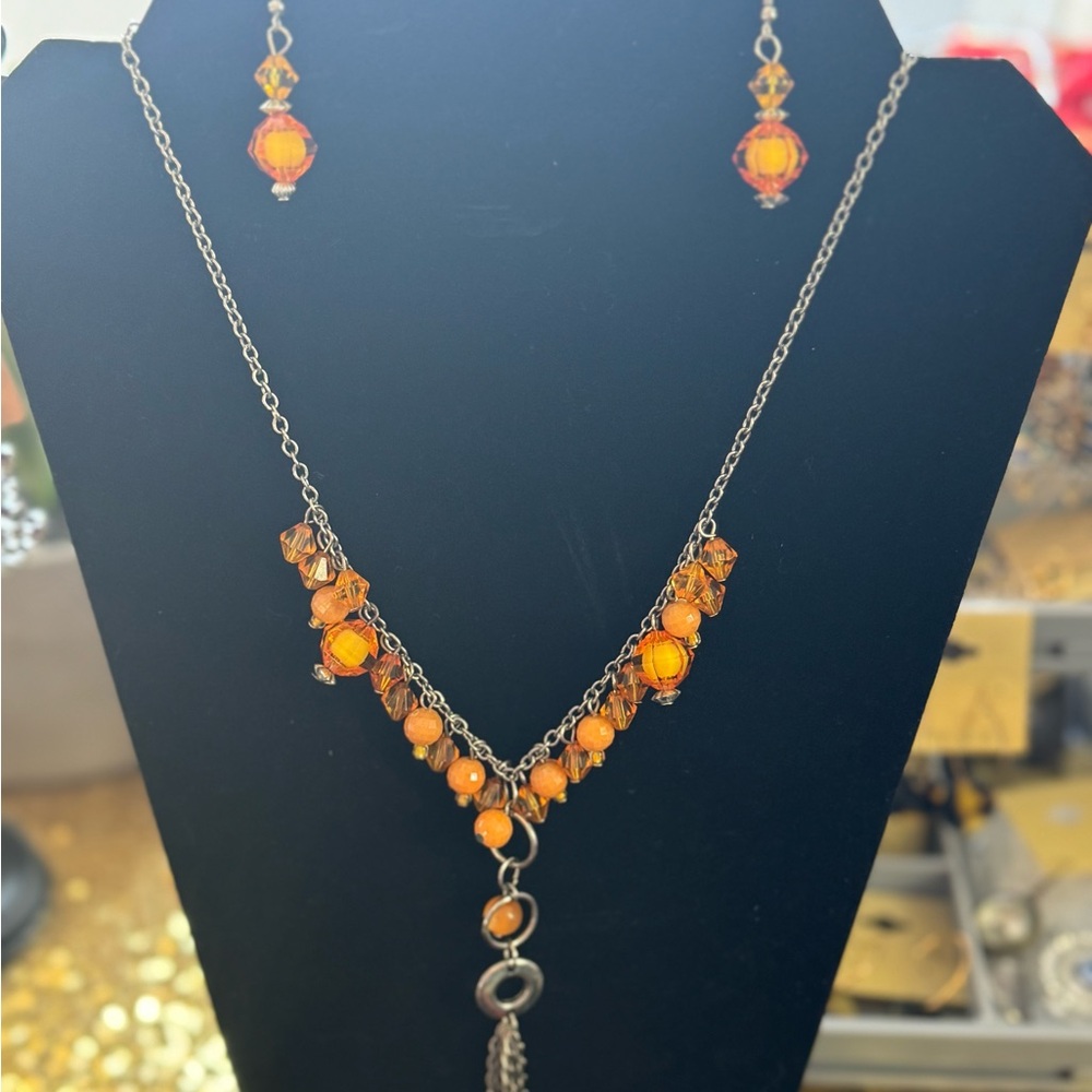 Elegant Orange Beaded Necklace and Earring Set